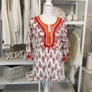 Solitaire Women's Size M Tie neck tunic style blouse- boho, bohemian #3153